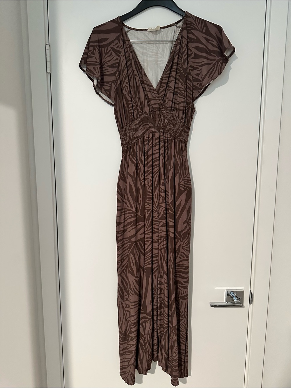 Brown Printed V-Neck Maxi Dress with Pockets